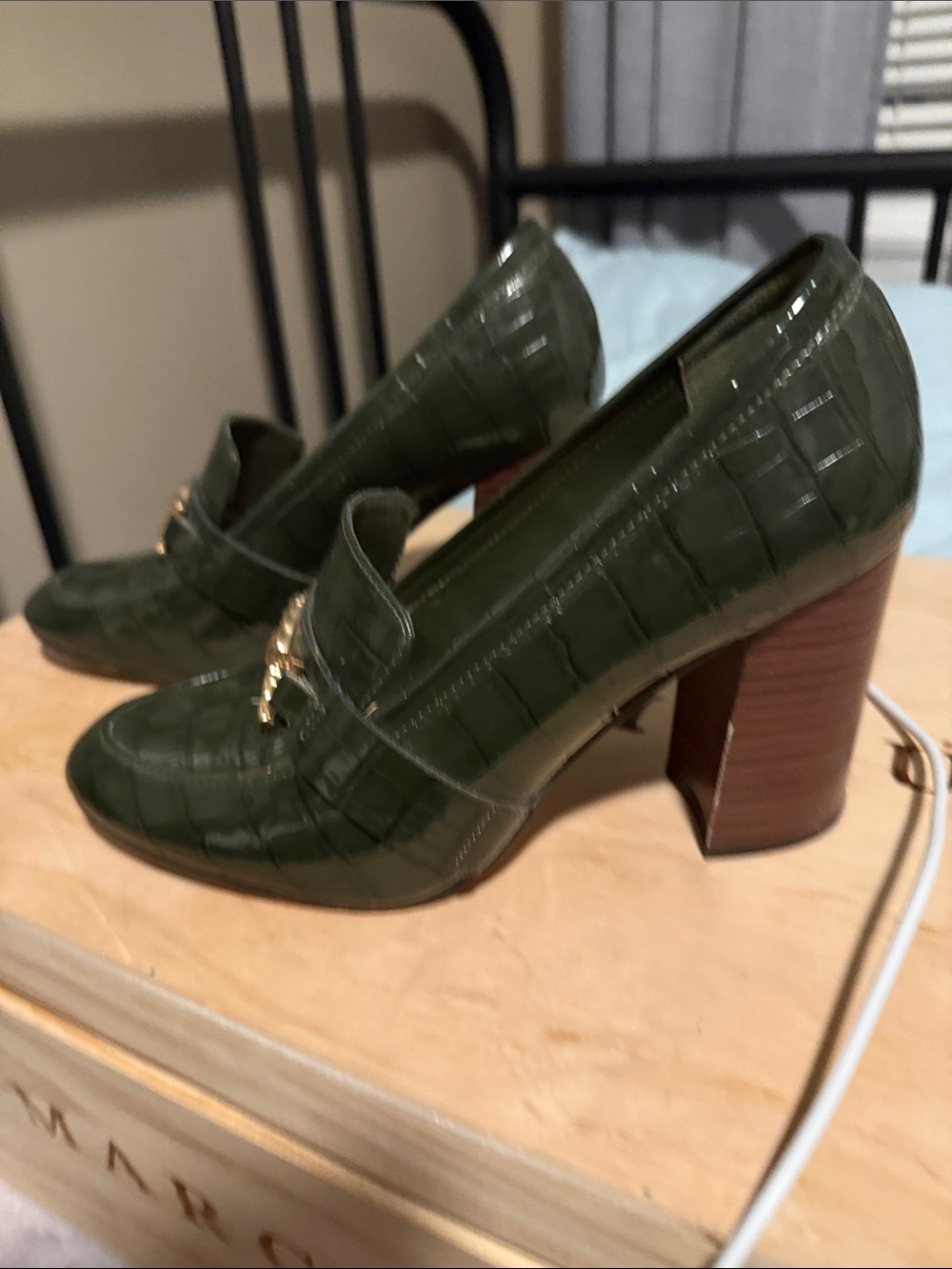 JustFab Olive Green Croc-Embossed Block Heel Loafers